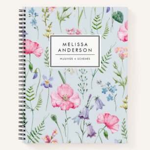 Watercolor Delicate Flowers Foliage Pattern Blue Notebook