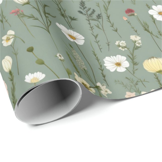 Watercolor Delicate Flowers Foliage Pattern Green Wrapping Paper (Roll Corner)
