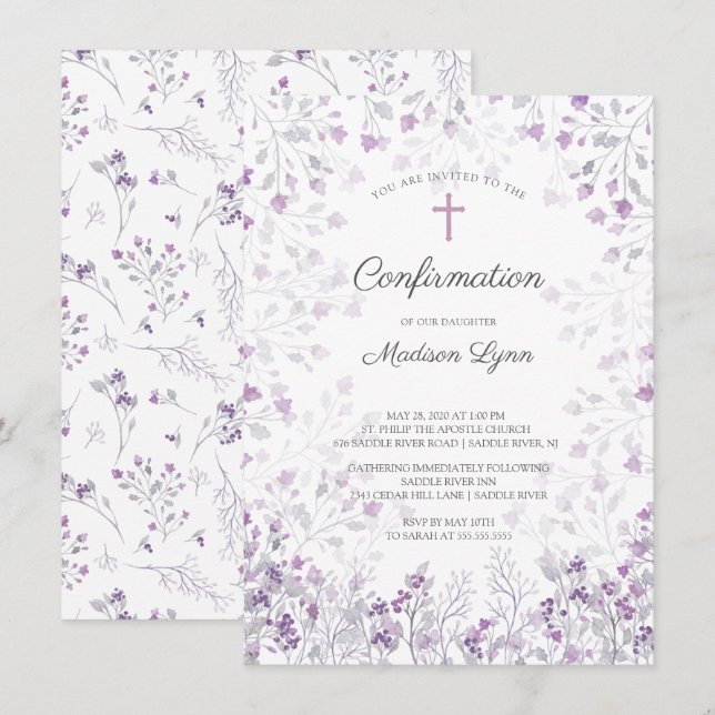 Watercolor Delicate Purple Flowers Confirmation Invitation (Front/Back)