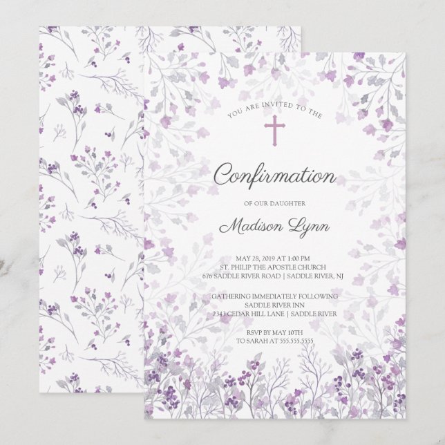 Watercolor Delicate Purple Flowers Confirmation Invitation (Front/Back)