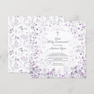 Watercolor Delicate Purple Flowers First Communion Invitation