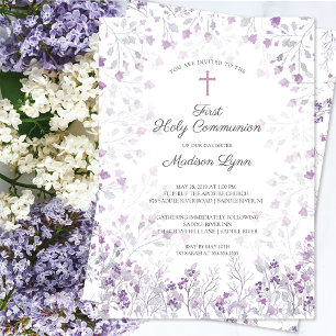 Watercolor Delicate Purple Flowers First Communion Invitation