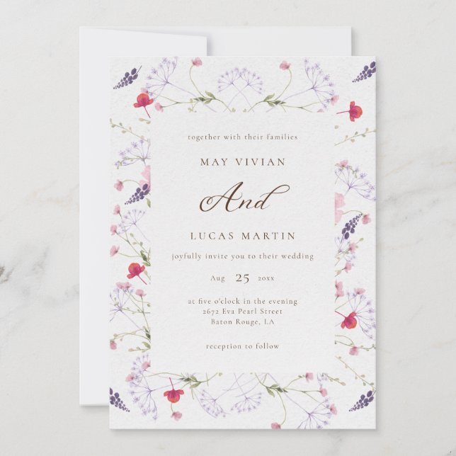 Watercolor Delicate Wildflower Calligraphy Wedding Invitation (Front)