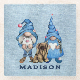 Watercolor Denim Gnomes and Dog Glass Coaster