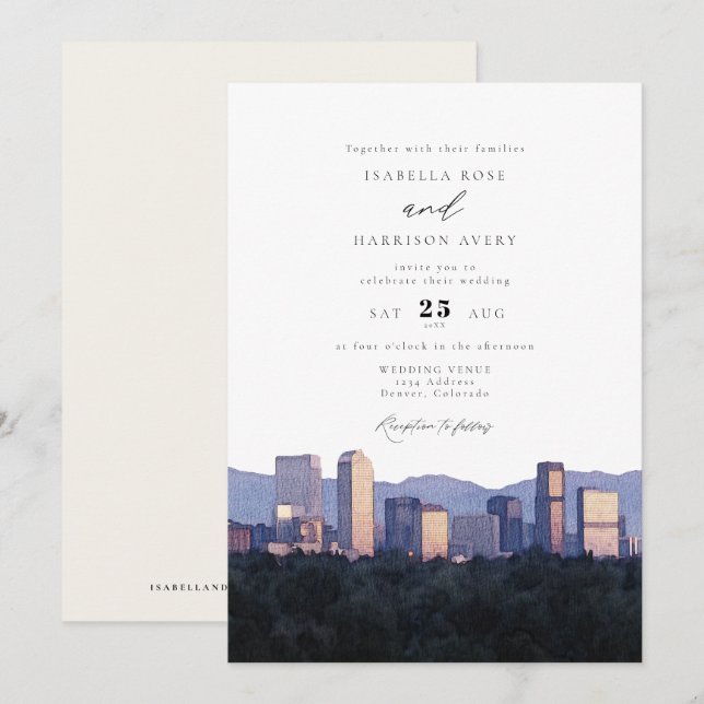 Watercolor Denver Colorado City Skyline Wedding Invitation (Front/Back)