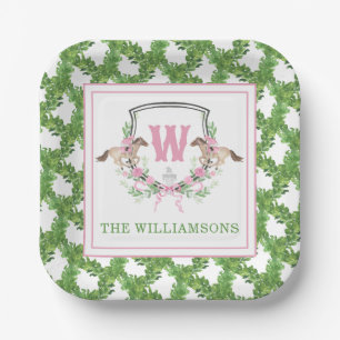 Watercolor Derby Day Horse Monogram Crest Party Paper Plate