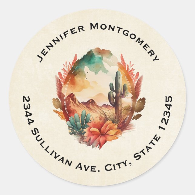 Watercolor Desert Cactus and Mountains Address Classic Round Sticker (Front)