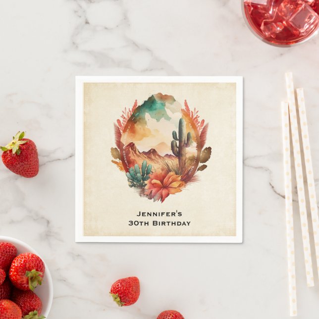 Watercolor Desert Cactus and Mountains Birthday Napkin (Insitu)
