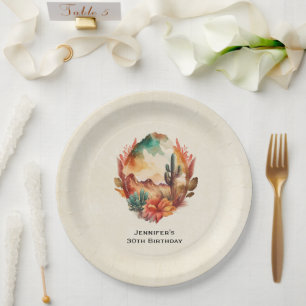 Watercolor Desert Cactus and Mountains Birthday Paper Plate