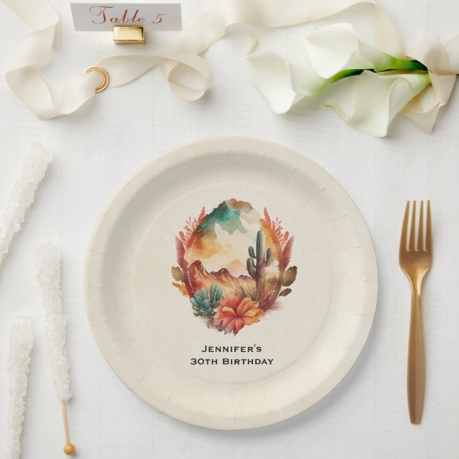 Watercolor Desert Cactus and Mountains Birthday Paper Plate (Wedding)