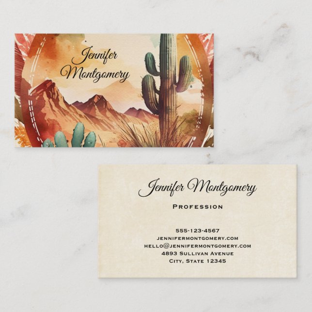 Watercolor Desert Cactus and Mountains Business Card (Front/Back)