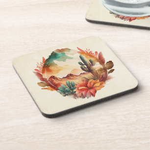 Watercolor Desert Cactus and Mountains Coaster