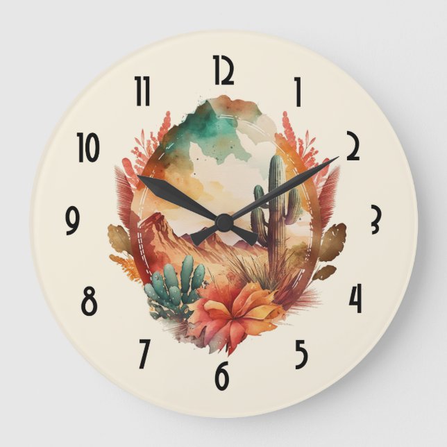 Watercolor Desert Cactus and Mountains Large Clock (Front)