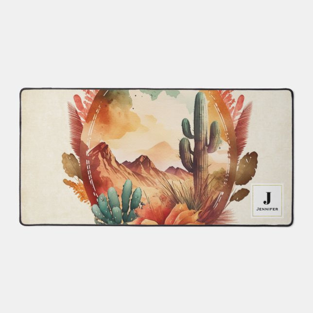 Watercolor Desert Cactus and Mountains Monogram  Desk Mat (Front)