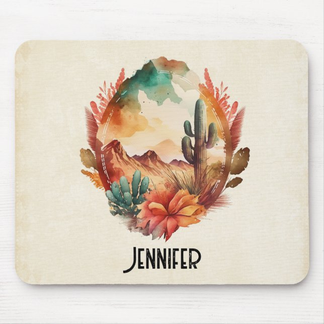 Watercolor Desert Cactus and Mountains Mouse Pad (Front)