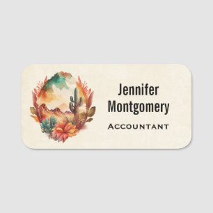 Watercolor Desert Cactus and Mountains Name Tag