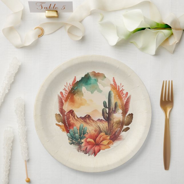 Watercolor Desert Cactus and Mountains Paper Plate (Wedding)