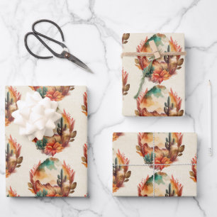 Watercolor Desert Cactus and Mountains Pattern Wrapping Paper Sheet