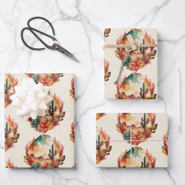 Watercolor Desert Cactus and Mountains Pattern Wrapping Paper Sheet (Front)