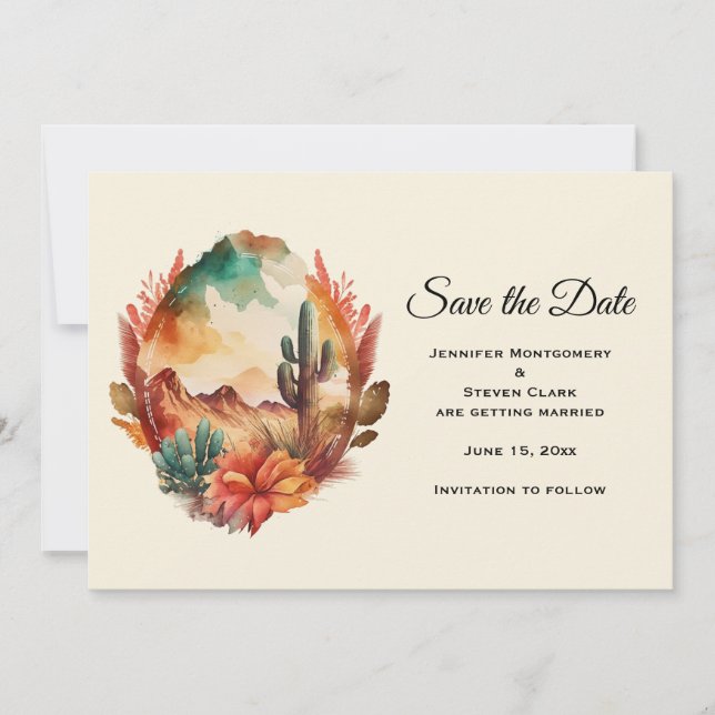 Watercolor Desert Cactus and Mountains Save The Date (Front)
