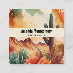 Watercolor Desert Cactus and Mountains Square Business Card