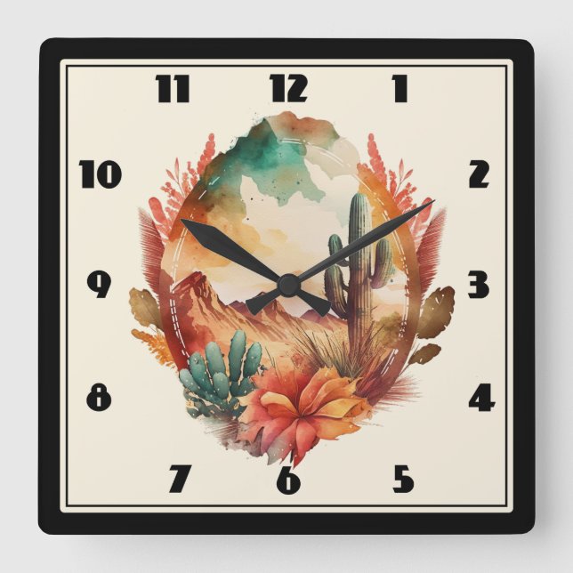Watercolor Desert Cactus and Mountains Square Wall Clock (Front)