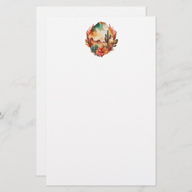 Watercolor Desert Cactus and Mountains Stationery (Front/Back)