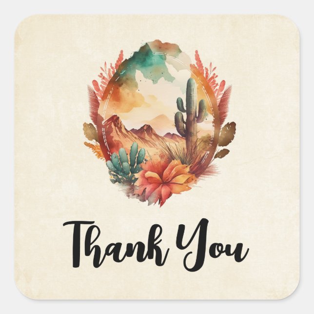 Watercolor Desert Cactus and Mountains Thank You Square Sticker (Front)