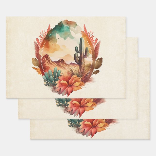 Watercolor Desert Cactus and Mountains Wrapping Paper Sheet (Set)