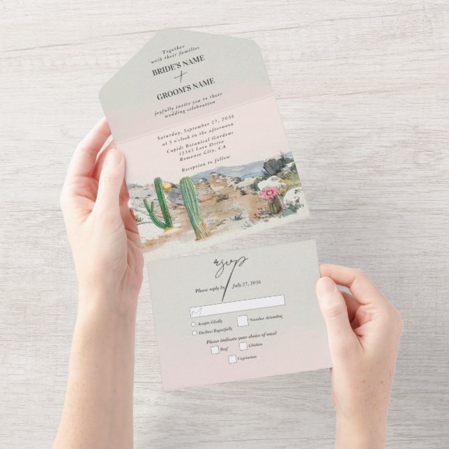 Watercolor Desert Cactus Boho Wedding All In One Invitation (Tearaway)