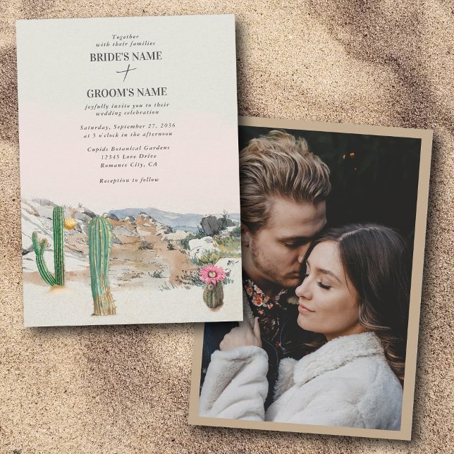 Watercolor Desert Cactus Boho Wedding Custom Photo Invitation (Watercolor Desert Cactus Boho Wedding Custom Photo Invitation)