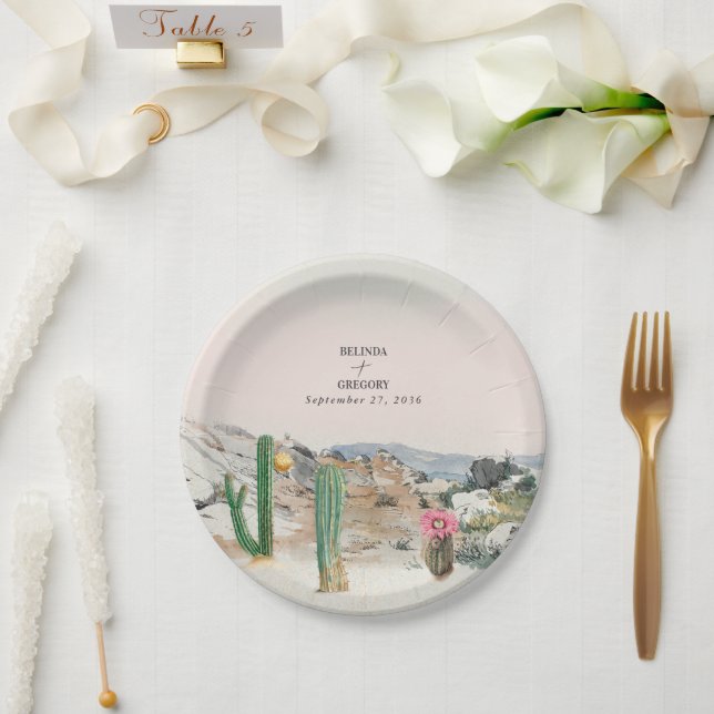 Watercolor Desert Cactus Boho Wedding Paper Plate (Wedding)