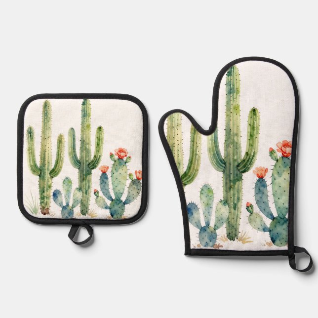 Watercolor Desert Cactus Garden Oven Mitt & Pot Holder Set (Front)