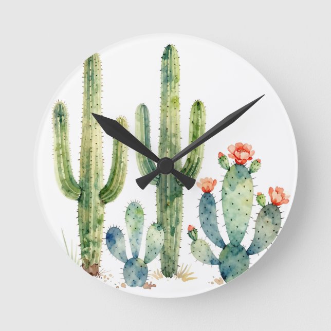 Watercolor Desert Cactus Garden Round Clock (Front)
