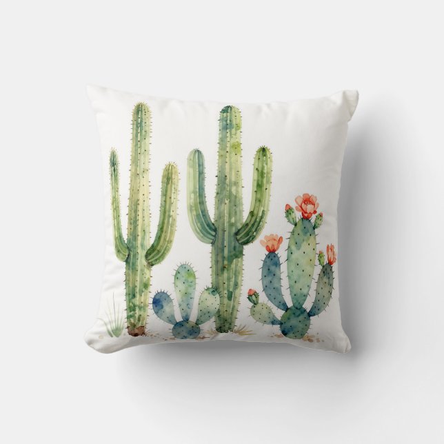 Watercolor Desert Cactus Garden Throw Pillow (Front)