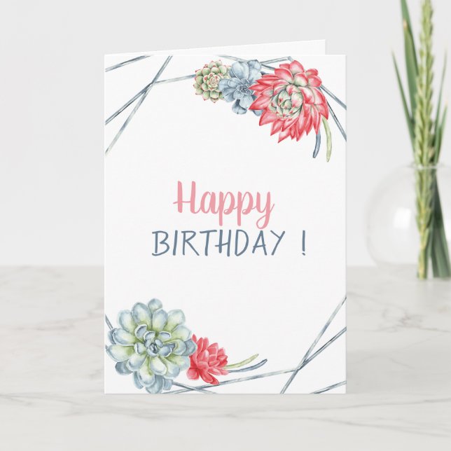 Watercolor Desert Cactus Red Succulents Birthday Card (Front)