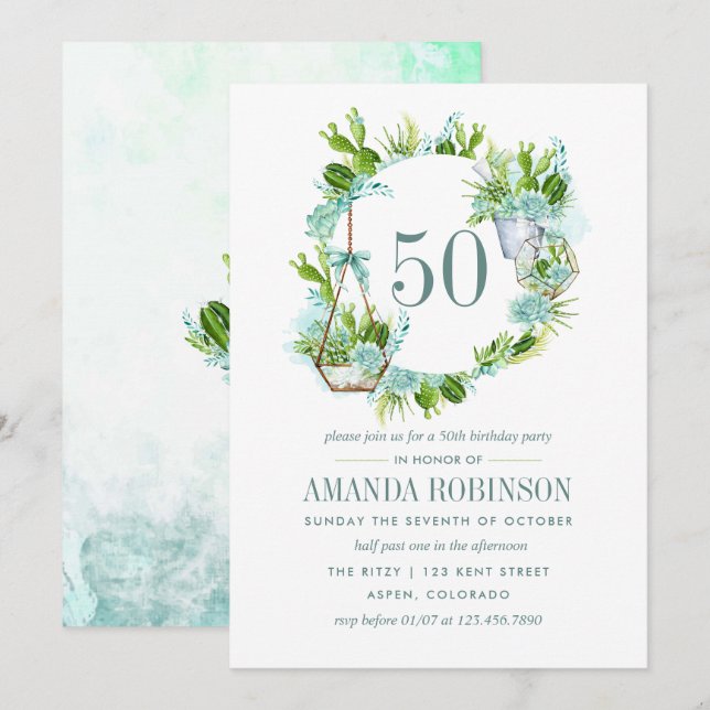 Watercolor Desert Cactus Succulents 50th Birthday Invitation (Front/Back)