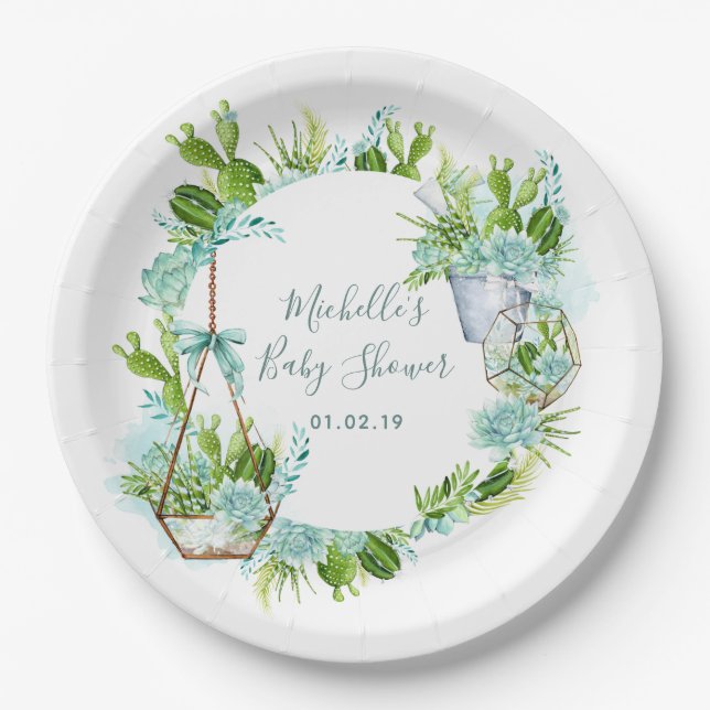 Watercolor Desert Cactus Succulents Baby Shower Paper Plate (Front)