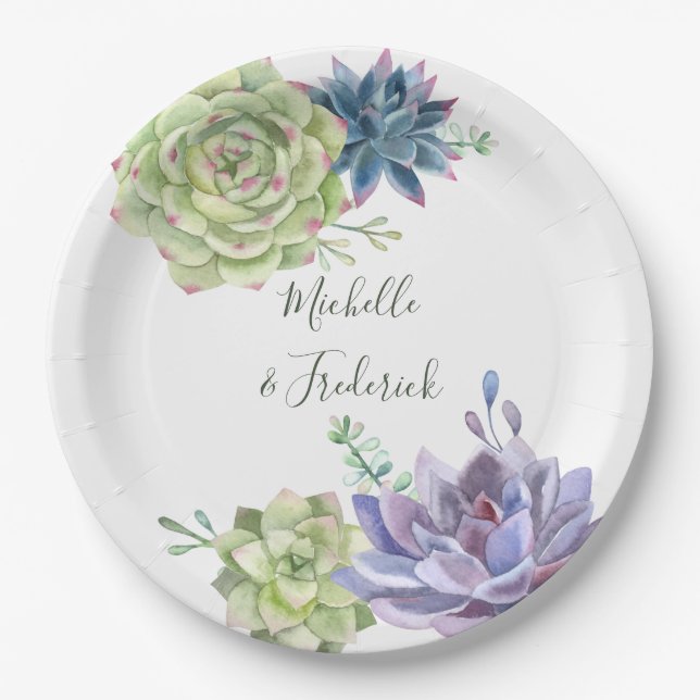 Watercolor Desert Cactus Succulents Wedding Paper Plate (Front)