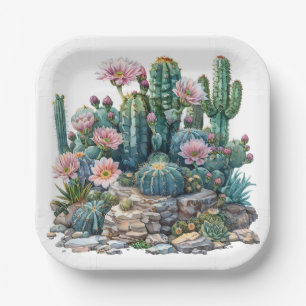 Watercolor desert flowers cacti. paper plate