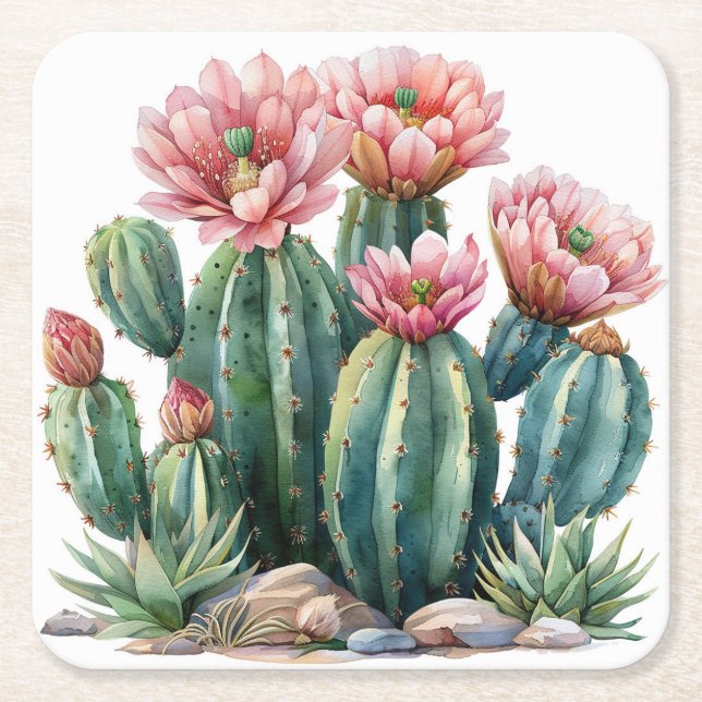 Watercolor desert flowers cacti. square paper coaster (Front)