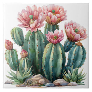 Watercolor desert flowers cacti. tile