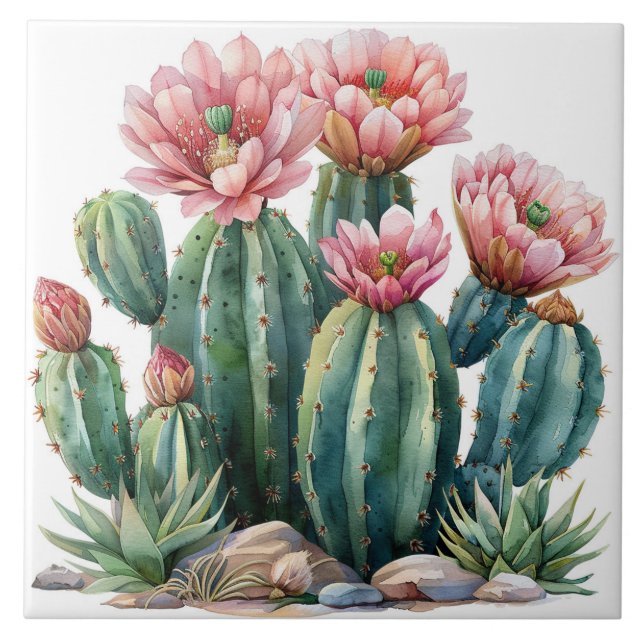 Watercolor desert flowers cacti. tile (Front)