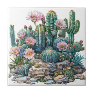 Watercolor desert flowers cacti. tile