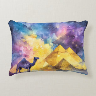 Watercolor Desert Galaxy Camel Pyramid Travel Accent Pillow