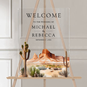 Watercolor Desert Mountain Cactus Wedding Welcome Acrylic Sign