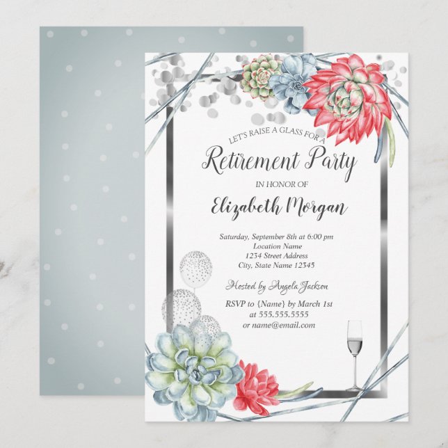 Watercolor Desert Red Succulents Retirement Invitation (Front/Back)
