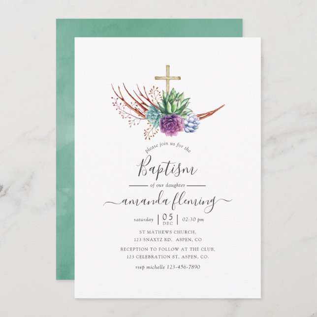 Watercolor Desert Succulents Baptism Invitation (Front/Back)