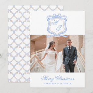 Watercolor Designer Blue Monogram Christmas Photo Holiday Card