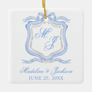 Watercolor Designer Blue Monogram Crest Ceramic Ornament